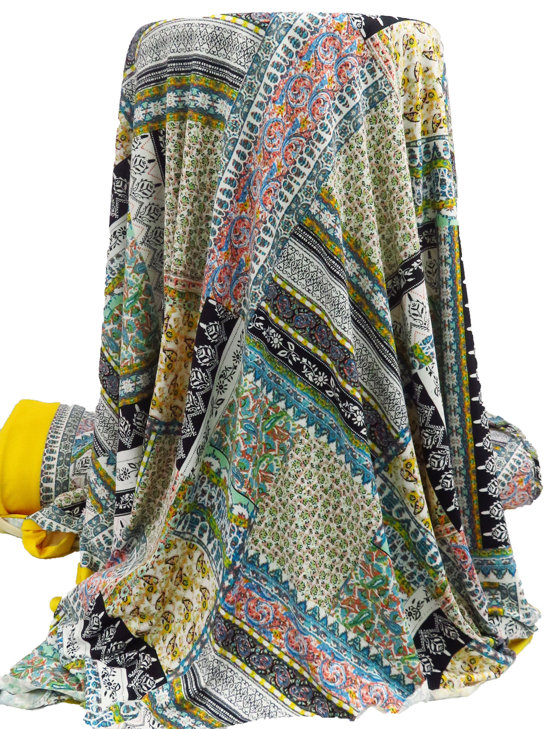 Lemon/White/Turquoise/Multi Polyester/Lycra Double Border Stylized Patchwork Print DTY Knit 56W