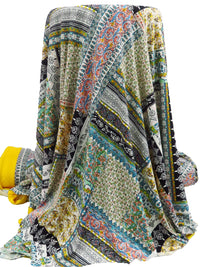 Lemon/White/Turquoise/Multi Polyester/Lycra Double Border Stylized Patchwork Print DTY Knit 56W