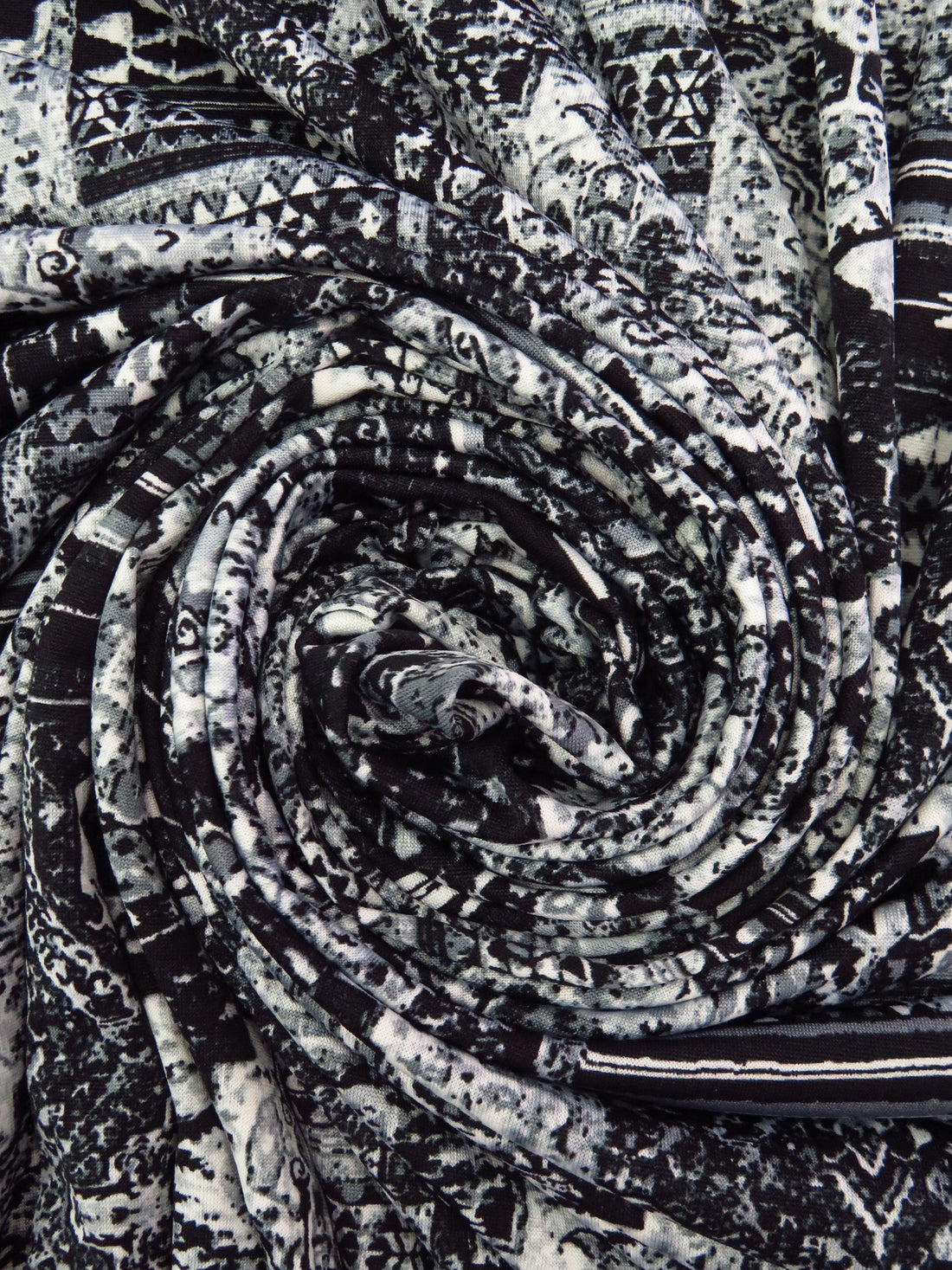 Black/White/Mid Gray Polyester/Lycra Bohemian Patchwork Print DTY Knit 60W