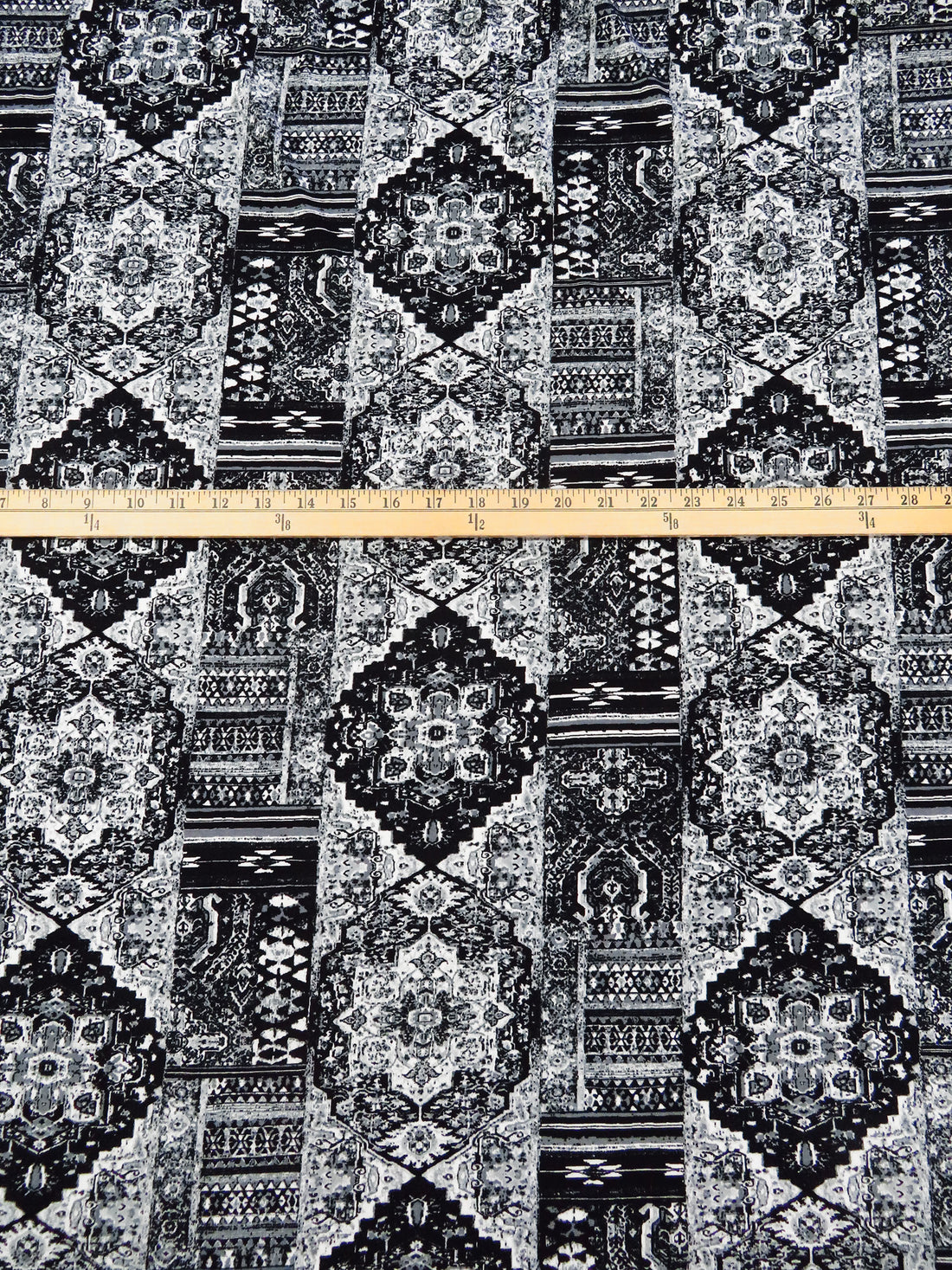 Black/White/Mid Gray Polyester/Lycra Bohemian Patchwork Print DTY Knit 60W