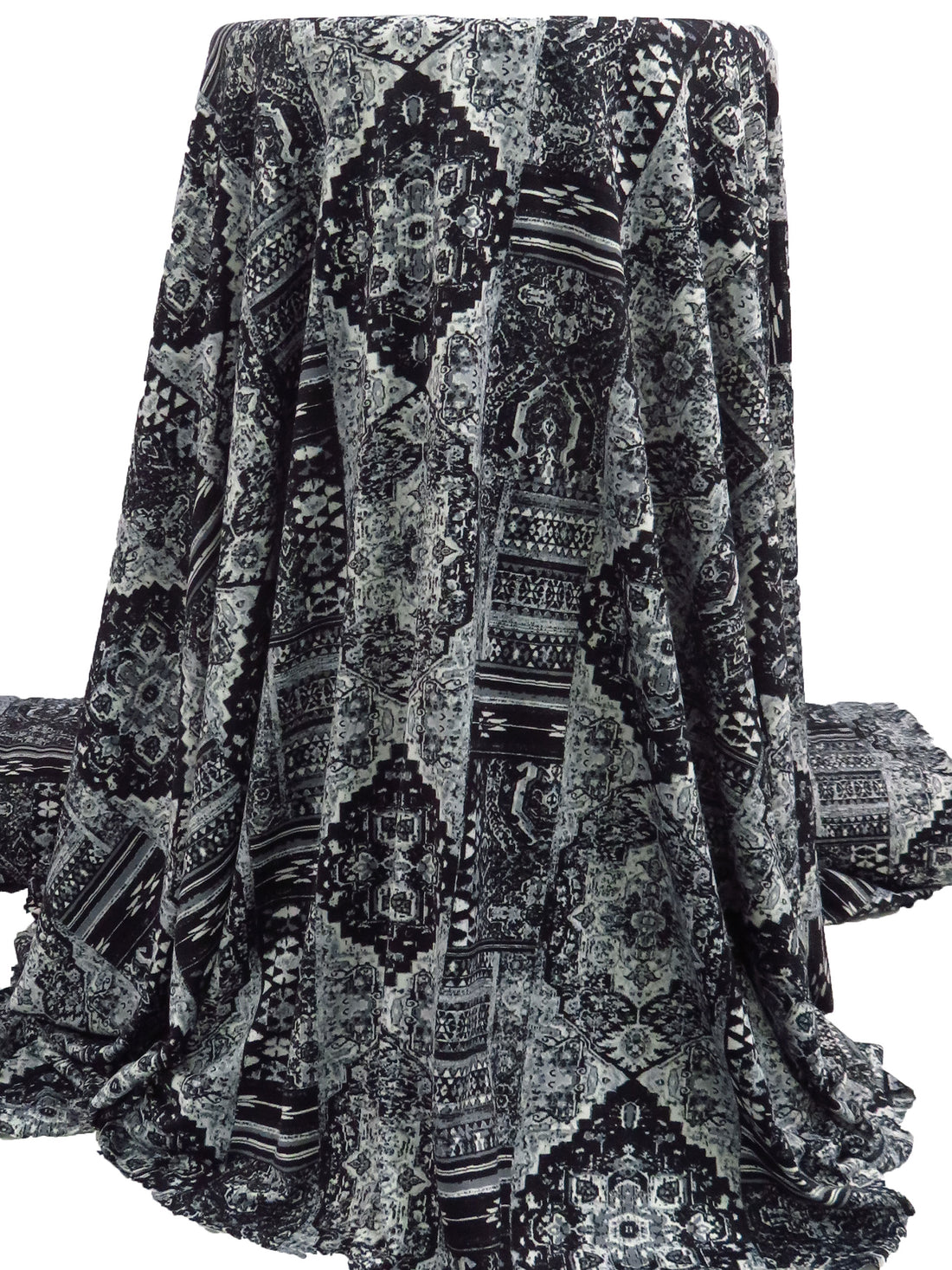 Black/White/Mid Gray Polyester/Lycra Bohemian Patchwork Print DTY Knit 60W