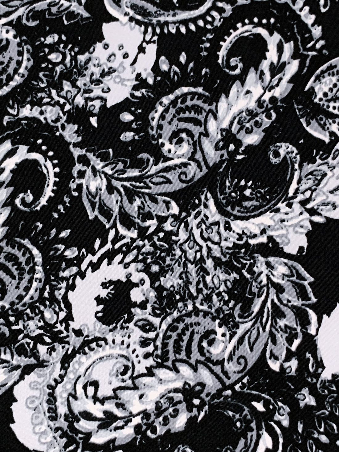 Bright Silver/Black/Aluminum Polyester/Lycra Stylized Floral Scrolls Print DTY Knit 59W