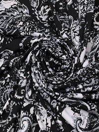 Bright Silver/Black/Aluminum Polyester/Lycra Stylized Floral Scrolls Print DTY Knit 59W