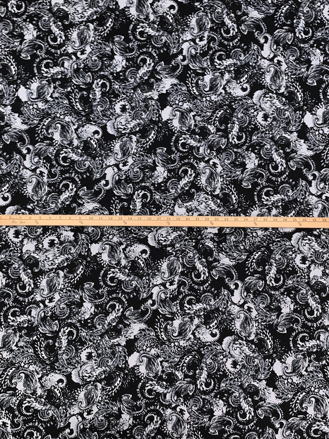 Bright Silver/Black/Aluminum Polyester/Lycra Stylized Floral Scrolls Print DTY Knit 59W