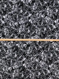 Bright Silver/Black/Aluminum Polyester/Lycra Stylized Floral Scrolls Print DTY Knit 59W