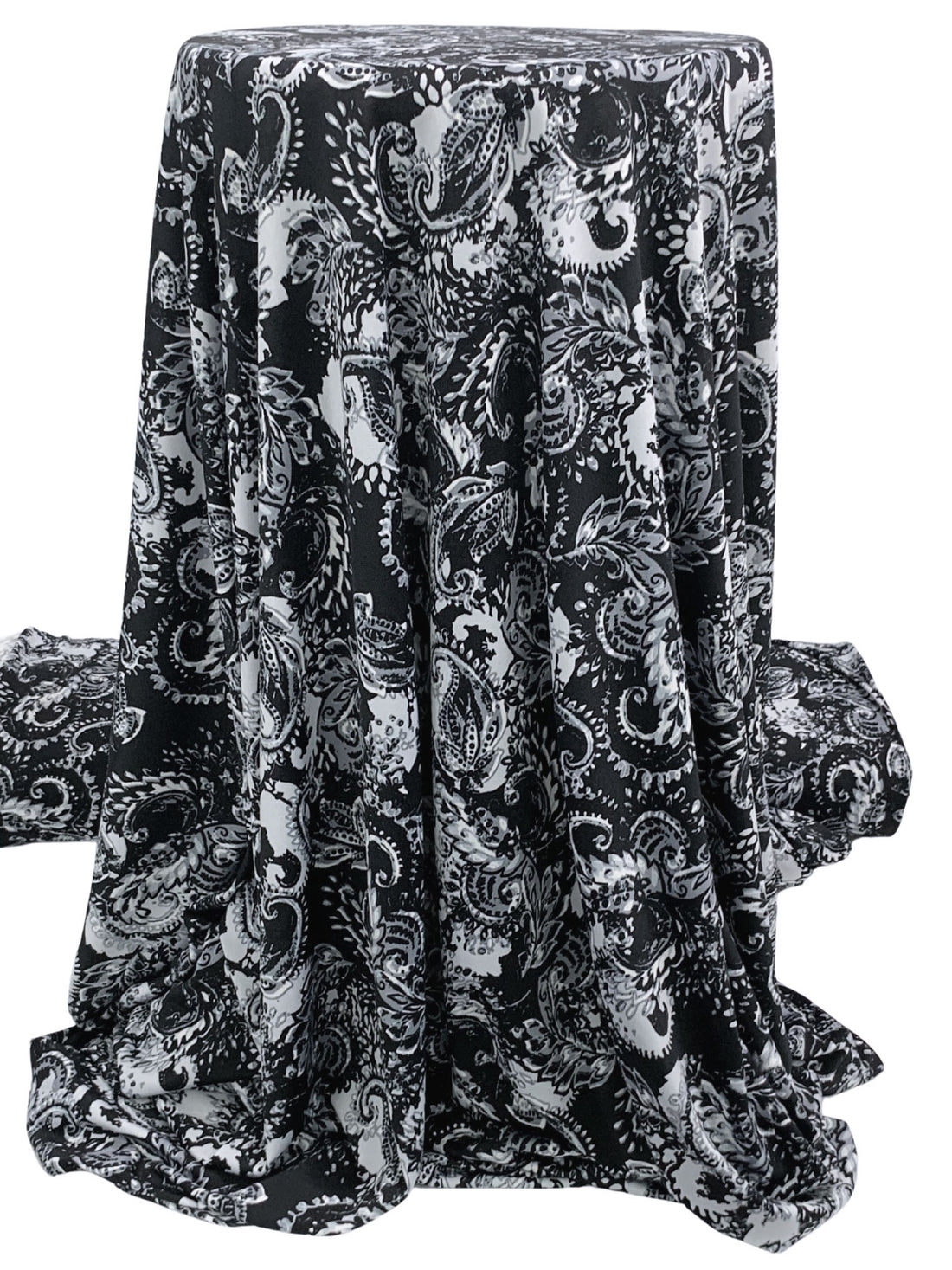 Bright Silver/Black/Aluminum Polyester/Lycra Stylized Floral Scrolls Print DTY Knit 59W