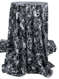 Bright Silver/Black/Aluminum Polyester/Lycra Stylized Floral Scrolls Print DTY Knit 59W