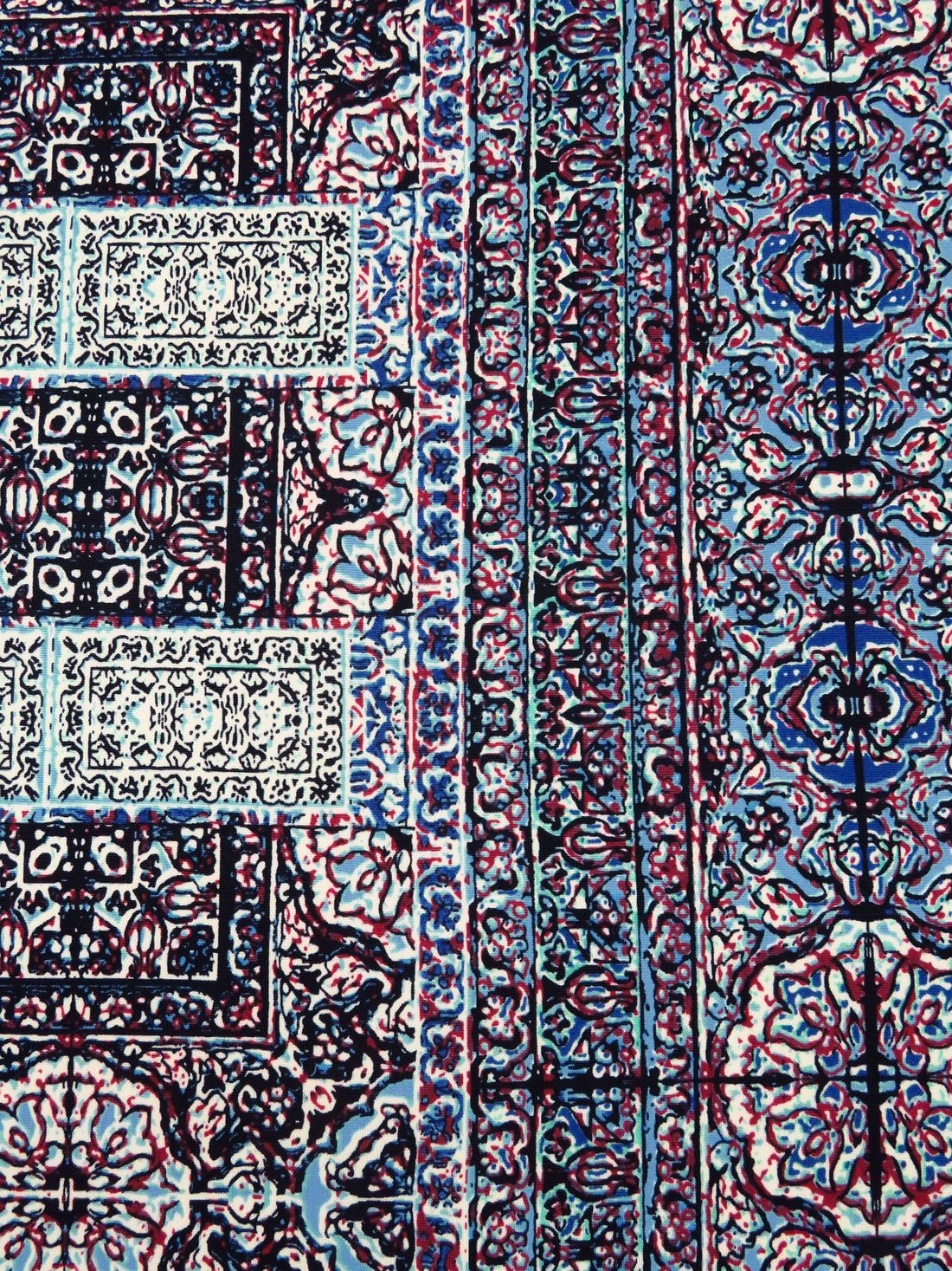Cerulean Frost/Dark Burgundy/Black/Multi Polyester/Lycra Double Border Mirrored Ornate Tile Work Print DTY Knit 58W
