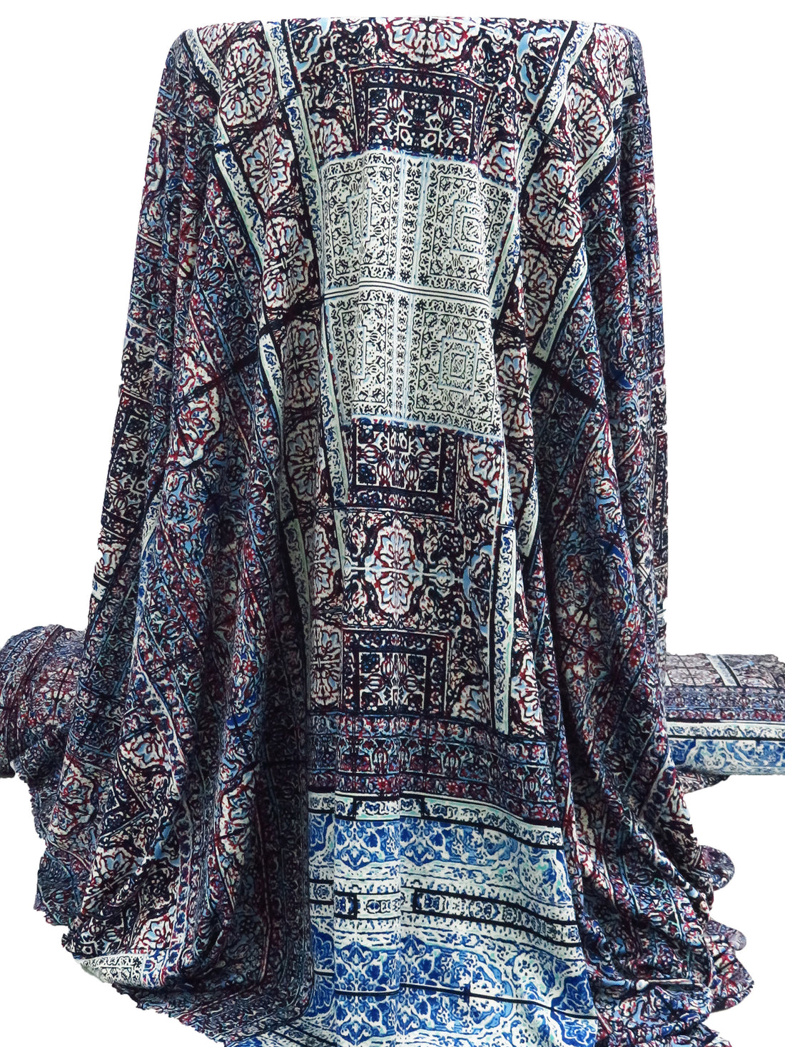 Cerulean Frost/Dark Burgundy/Black/Multi Polyester/Lycra Double Border Mirrored Ornate Tile Work Print DTY Knit 58W