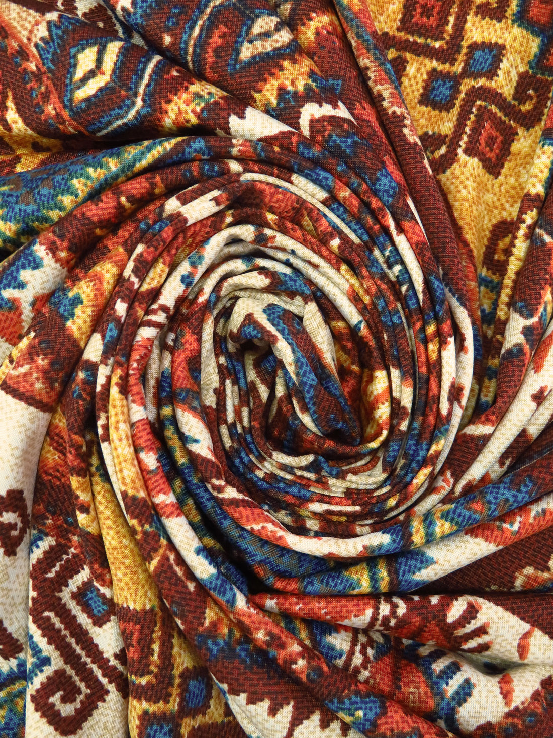 Wheat/Burnt Orange/Medium Persian Blue/Multi Polyester/Lycra Southwest Patchwork Print DTY Knit 58W