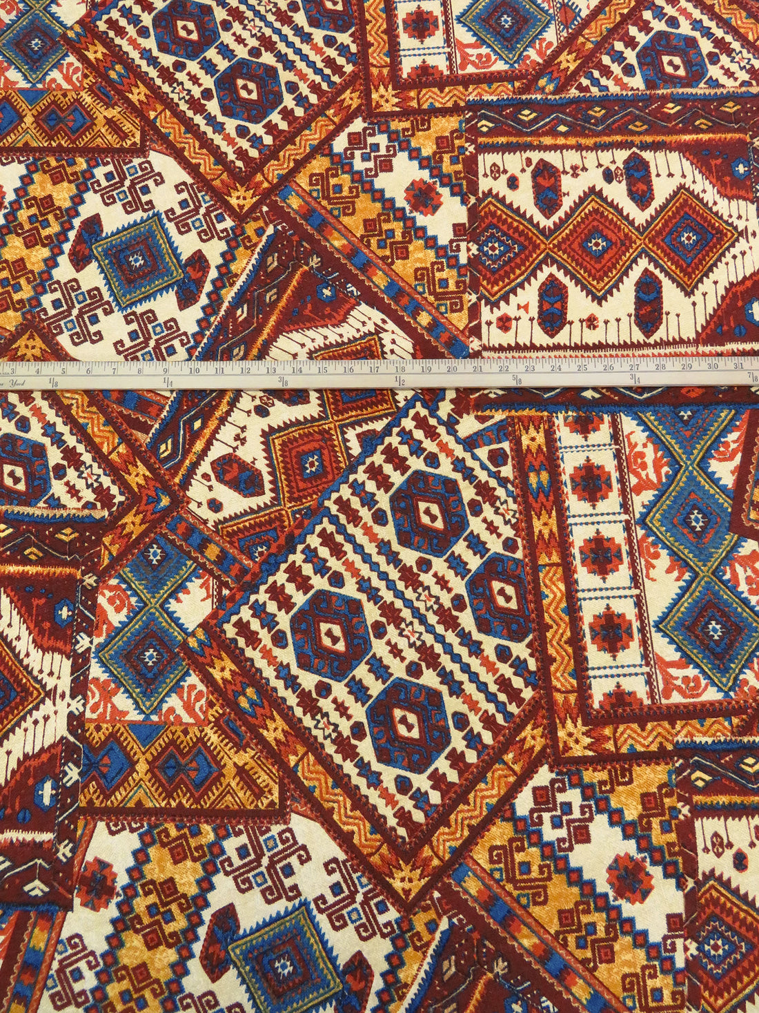 Wheat/Burnt Orange/Medium Persian Blue/Multi Polyester/Lycra Southwest Patchwork Print DTY Knit 58W