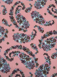 Peachy Pink/Dark Dusty Rose/Black/Multi 100% Rayon Paisley Shape Floral Print Crinkle Challis 52W