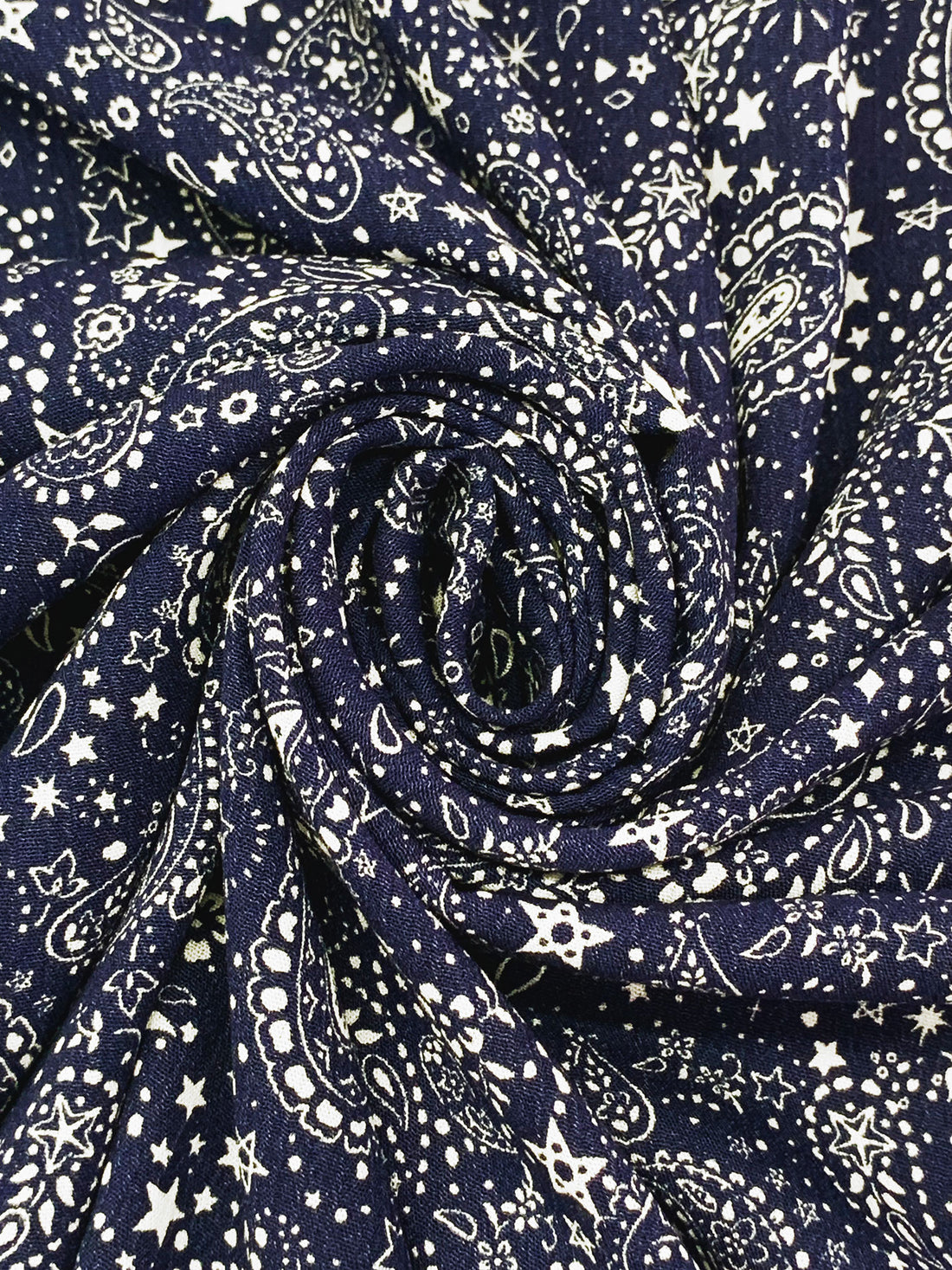 Navy/White 100% Rayon Cosmic Paisley Print Crinkle Challis 52W