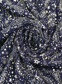 Navy/White 100% Rayon Cosmic Paisley Print Crinkle Challis 52W