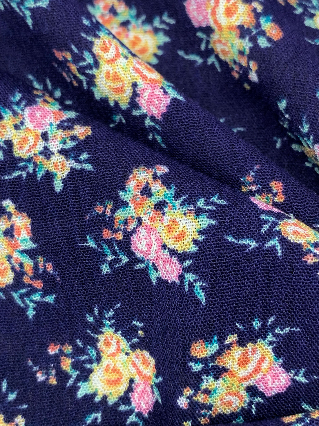 Dark Royal Blue/Pale Goldenrod/Multi 100% Rayon Floral Print Crinkle Challis 56W