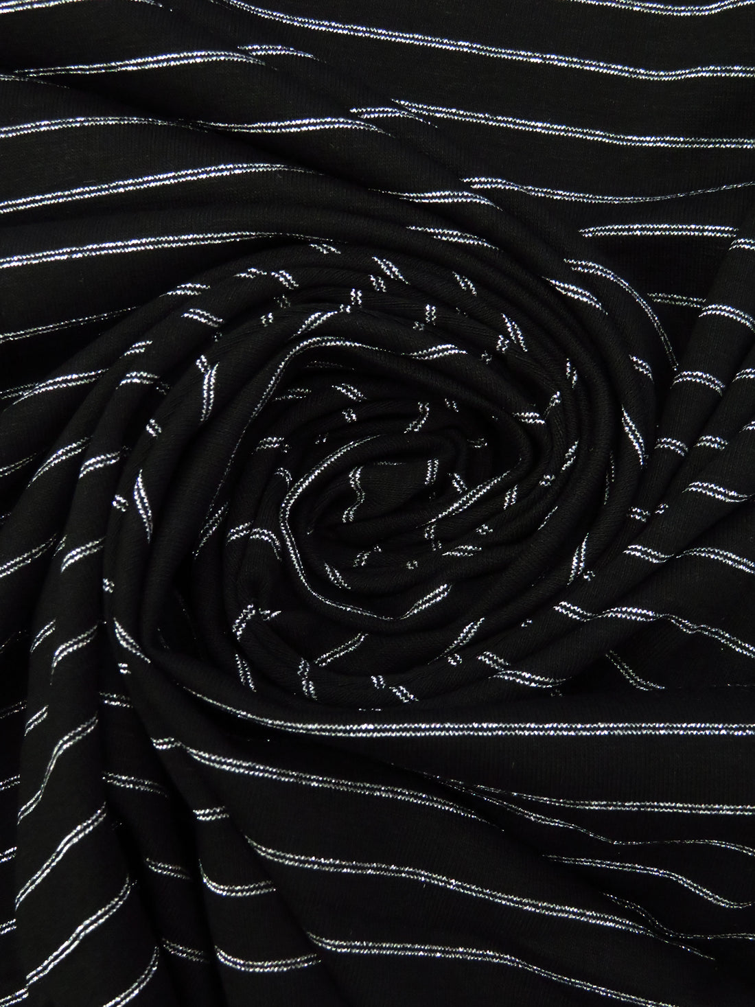 Black/Silver Rayon/Metallic/Lycra Horizontal Stripe Weave Jersey knit 60W