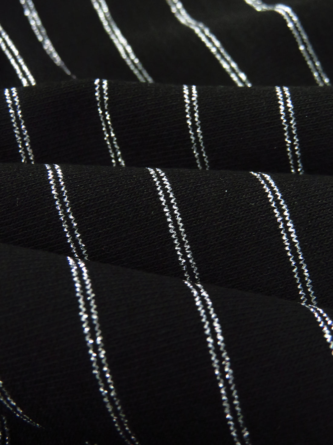 Black/Silver Rayon/Metallic/Lycra Horizontal Stripe Weave Jersey knit 60W
