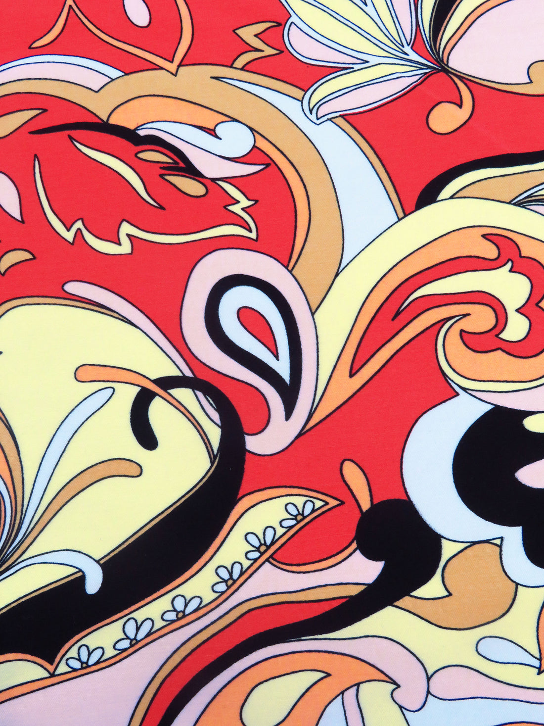 Imperial Red/Black/Pale Lemon/Multi Rayon/Nylon/Lycra Abstract Scrollwork Print Stretch Bengaline Suiting - NY Designer - 58W