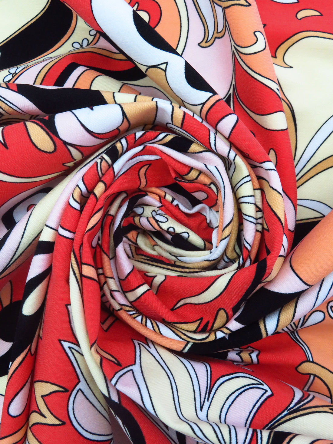 Imperial Red/Black/Pale Lemon/Multi Rayon/Nylon/Lycra Abstract Scrollwork Print Stretch Bengaline Suiting - NY Designer - 58W