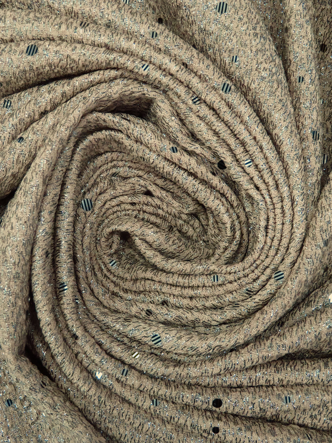 Tan/Silver/Black Polyester/Lycra Fused Sequins and Foil Puckered Dot Double Knit - NY Designer - 48W