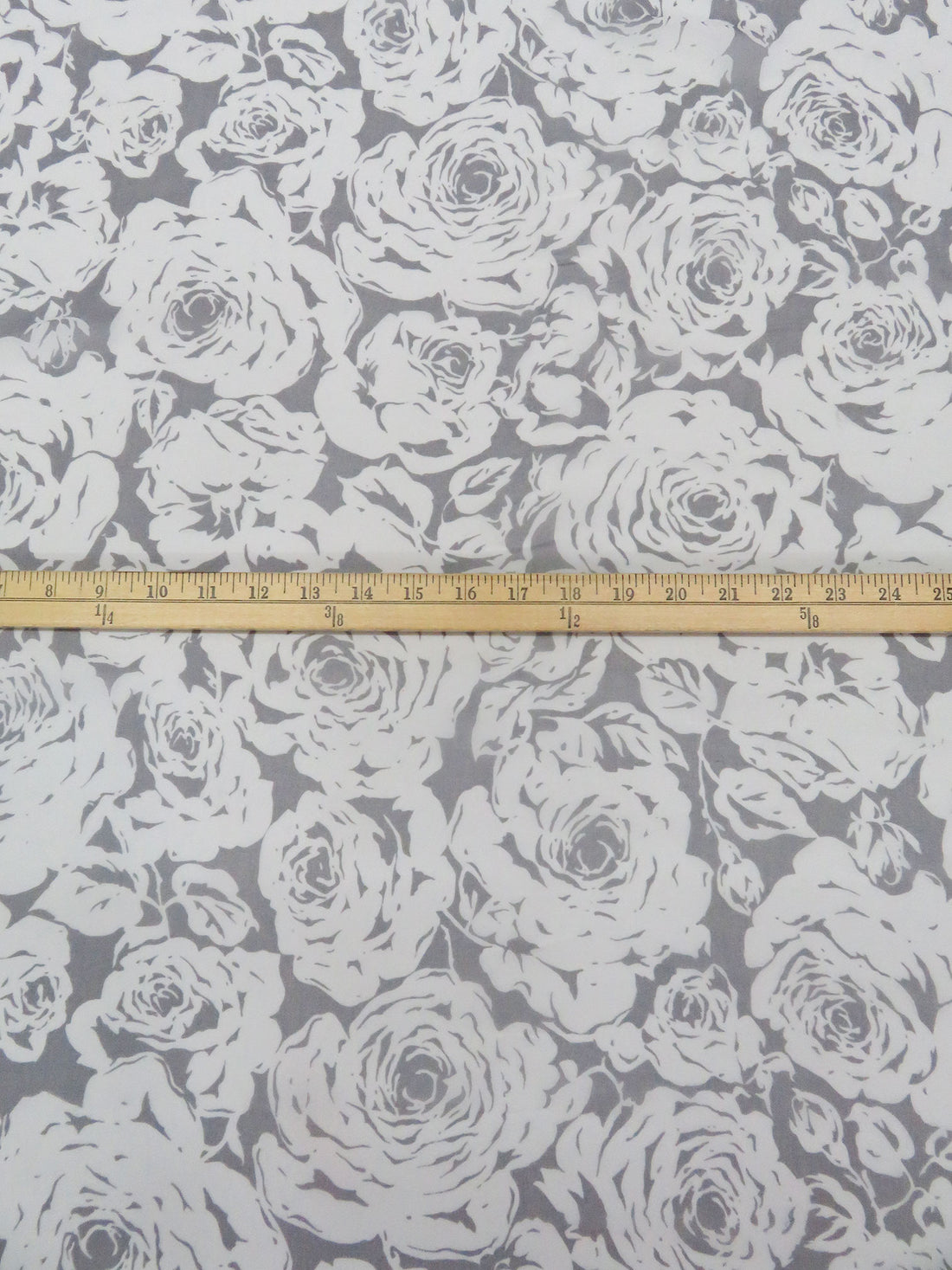 Off-White/Medium Gray 100% Silk Roses Print Chiffon - NY Designer - 42W