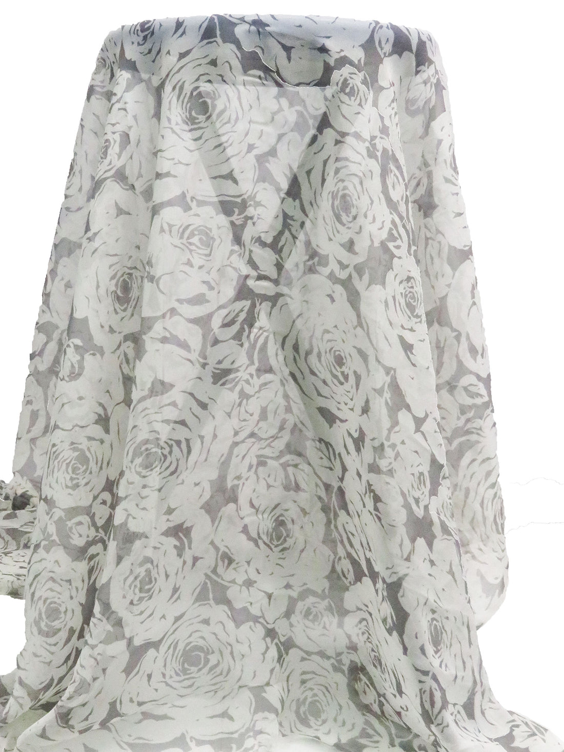 Off-White/Medium Gray 100% Silk Roses Print Chiffon - NY Designer - 42W