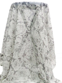Off-White/Medium Gray 100% Silk Roses Print Chiffon - NY Designer - 42W