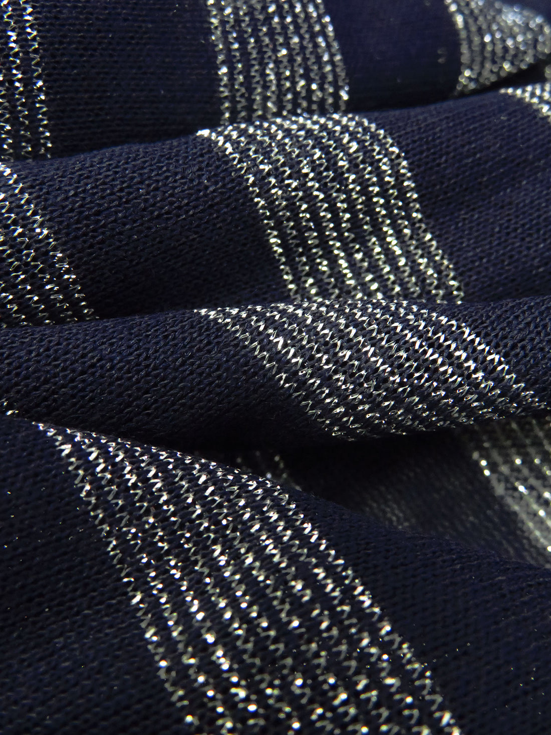 Midnight Navy/Silver Rayon/Cotton/Metallic Horizontal Foil Stripe Weave Tissue Jersey Knit 64W