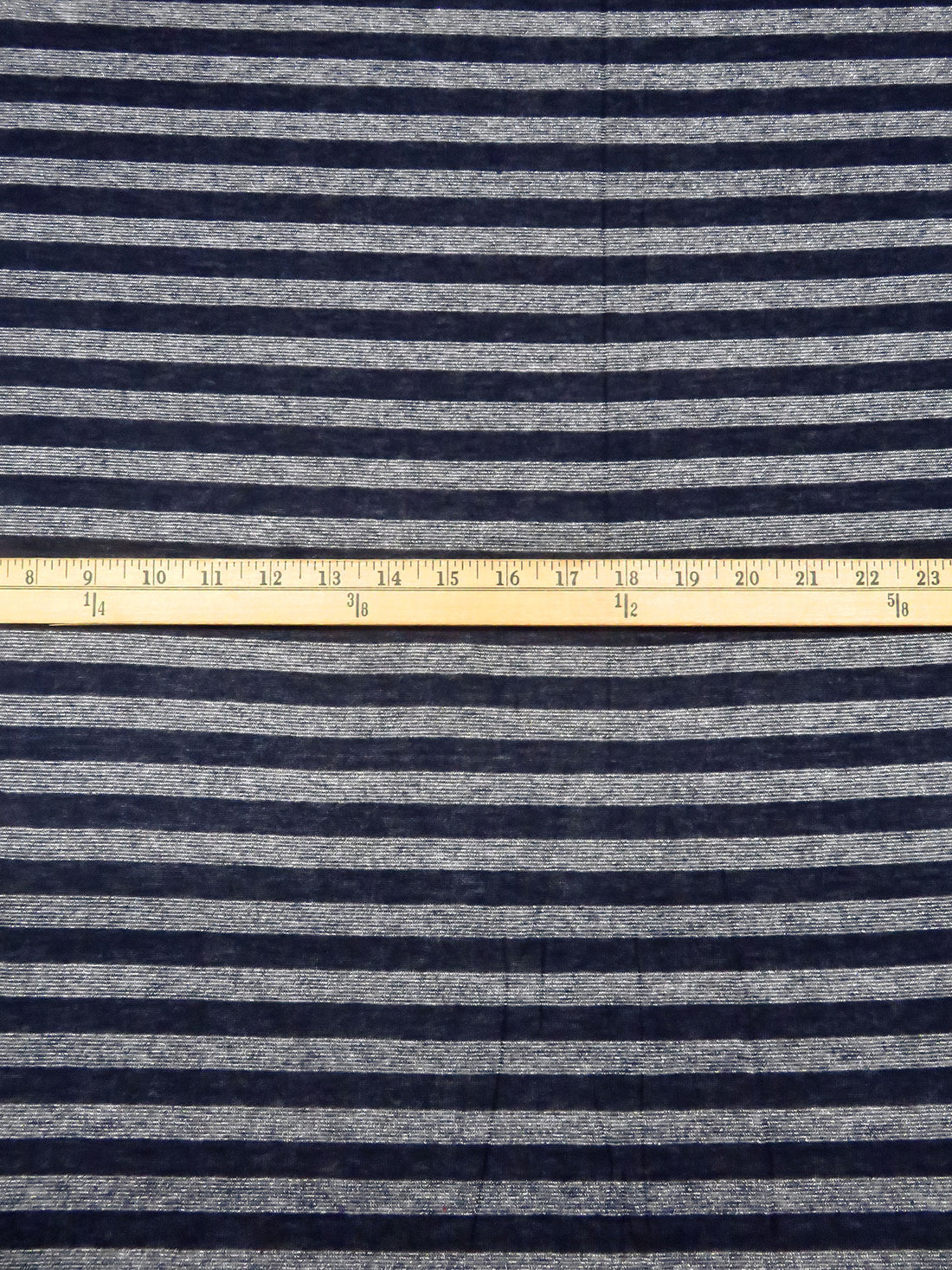 Midnight Navy/Silver Rayon/Cotton/Metallic Horizontal Foil Stripe Weave Tissue Jersey Knit 64W