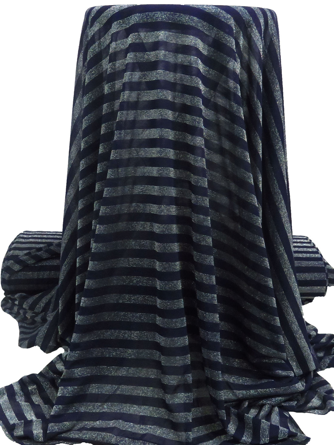Midnight Navy/Silver Rayon/Cotton/Metallic Horizontal Foil Stripe Weave Tissue Jersey Knit 64W