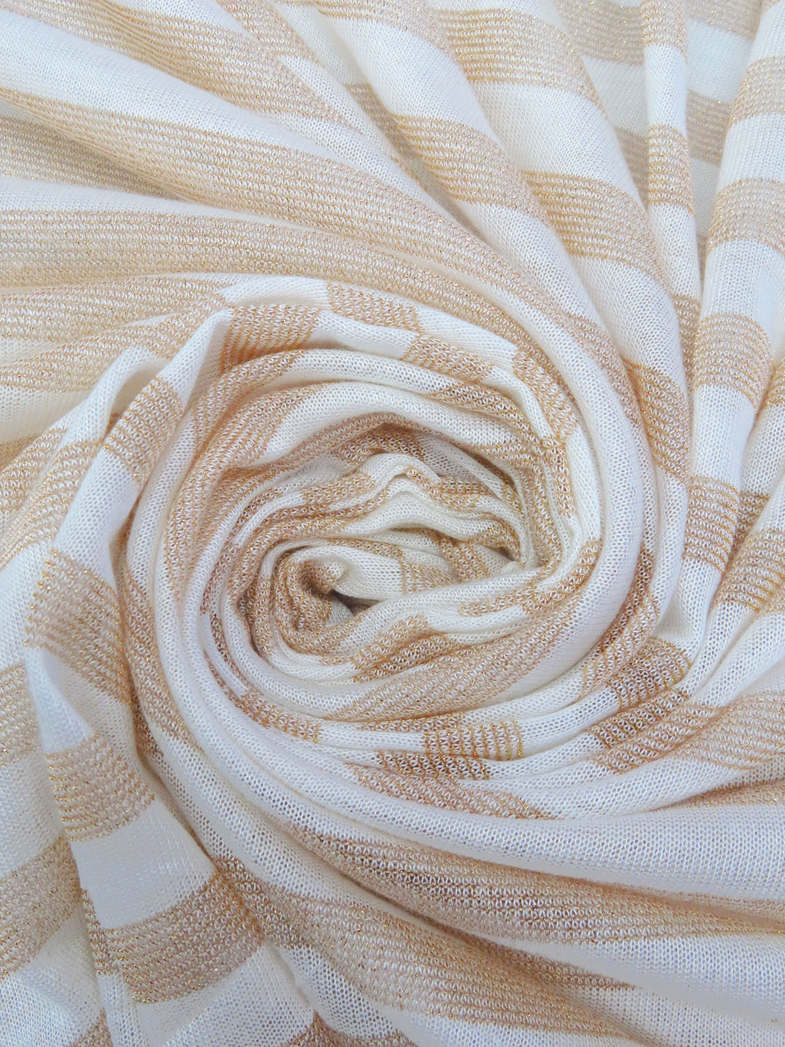 White/Gold Rayon/Cotton/Metallic Horizontal Foil Stripe Weave Tissue Jersey Knit 66W