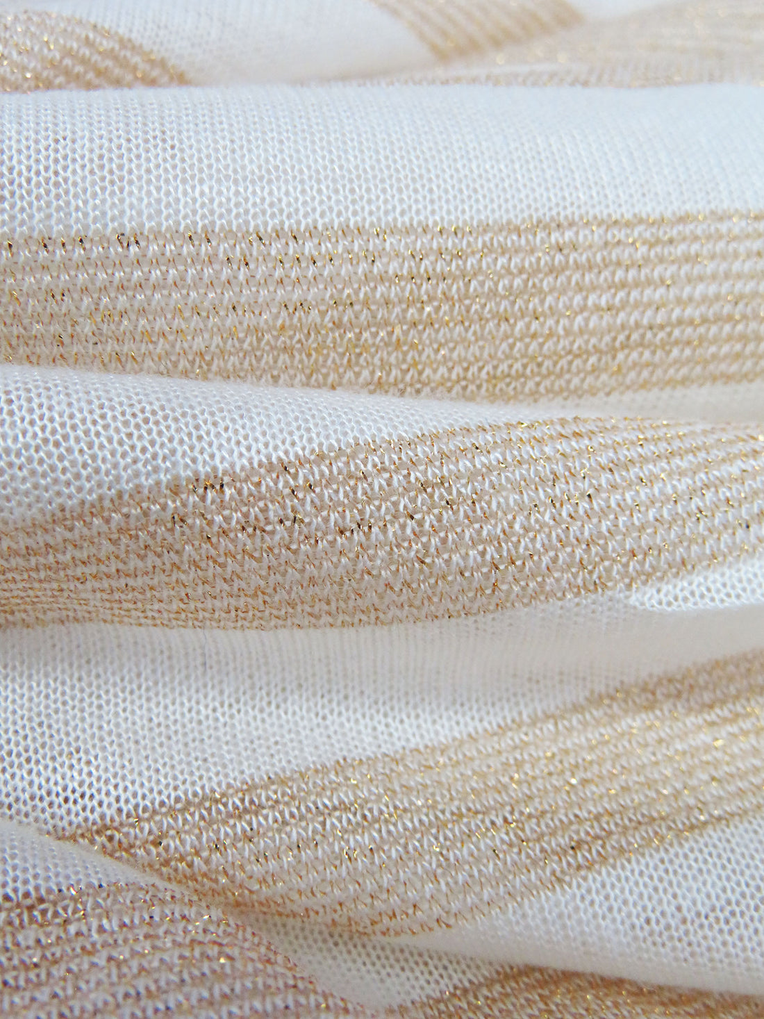 White/Gold Rayon/Cotton/Metallic Horizontal Foil Stripe Weave Tissue Jersey Knit 66W