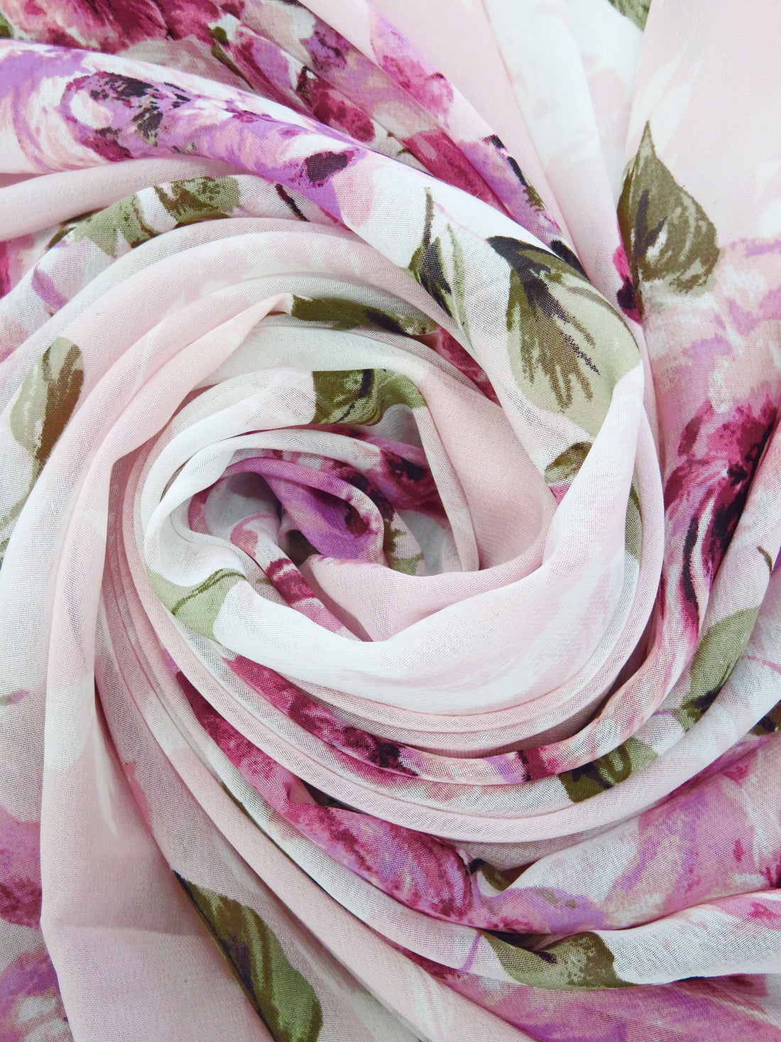 Light Pink/Old Moss/Orchid/Multi 100% Polyester Large Floral Print Chiffon - NY Designer - 58W