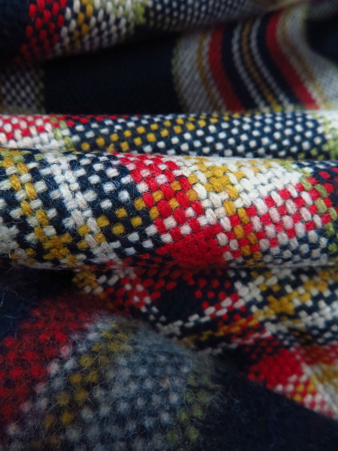 Midnight Navy/Jute/Dark Goldenrod/Multi Wool/Polyester Blend Brushed Plaid Weave Coating - NY Designer - 57W