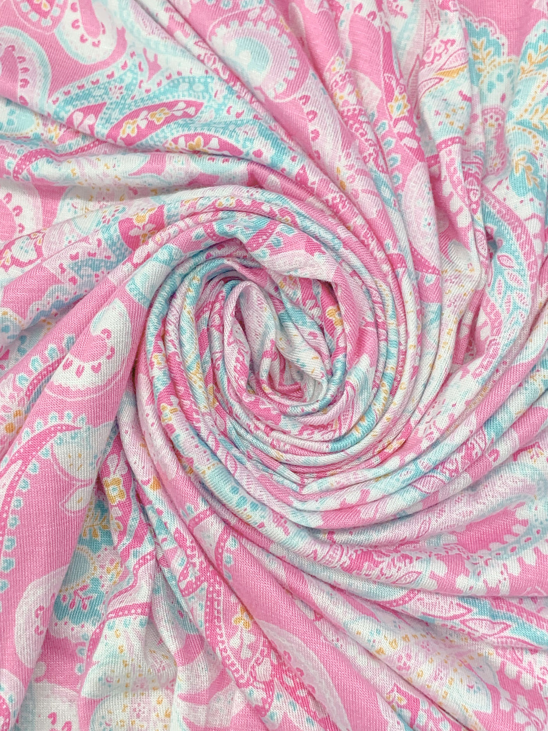 Charm Pink/White/Sky Blue/Multi Rayon/Lycra Stylized Paisley Print Jersey Knit - NY Designer - 62W