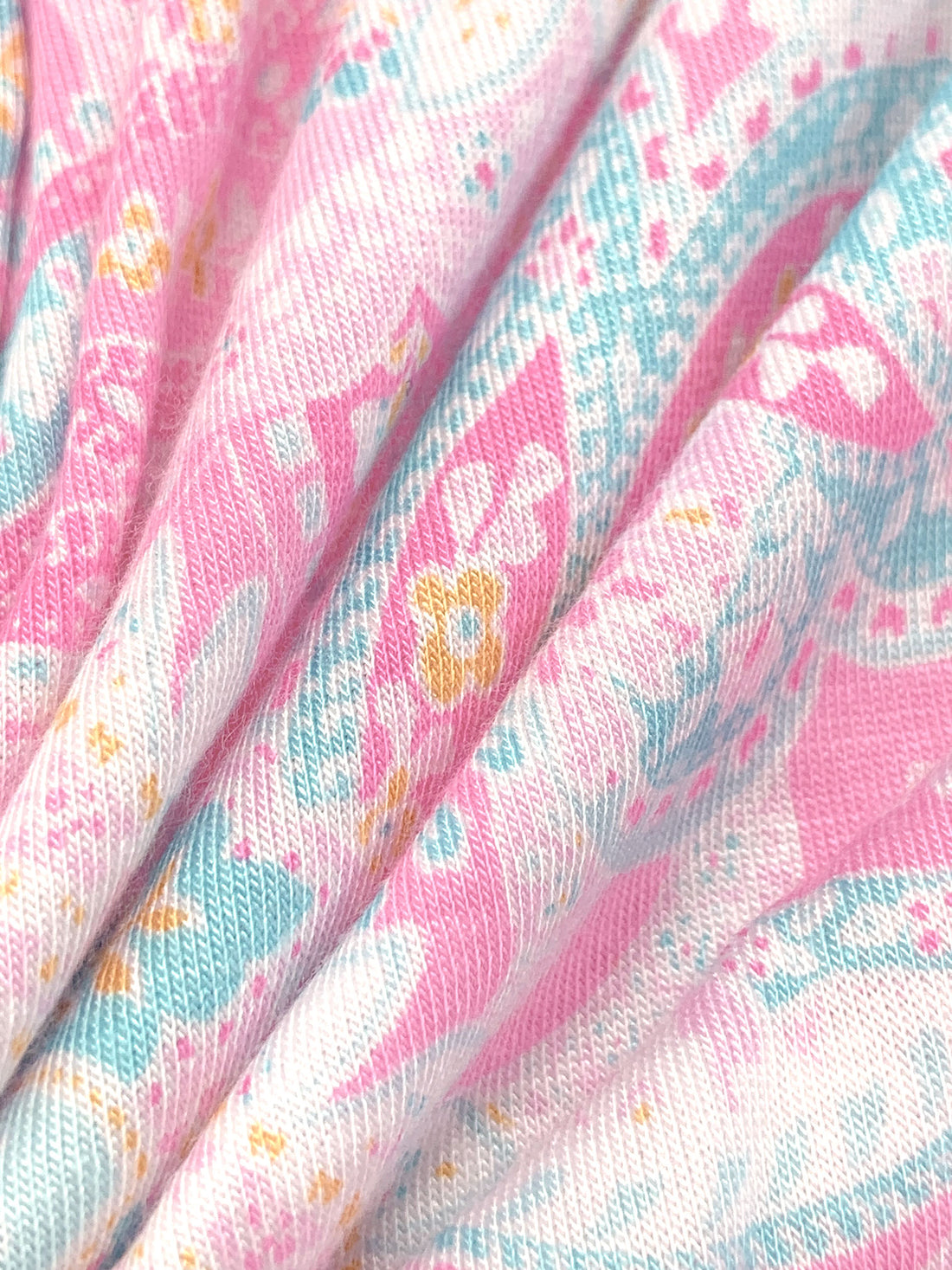 Charm Pink/White/Sky Blue/Multi Rayon/Lycra Stylized Paisley Print Jersey Knit - NY Designer - 62W