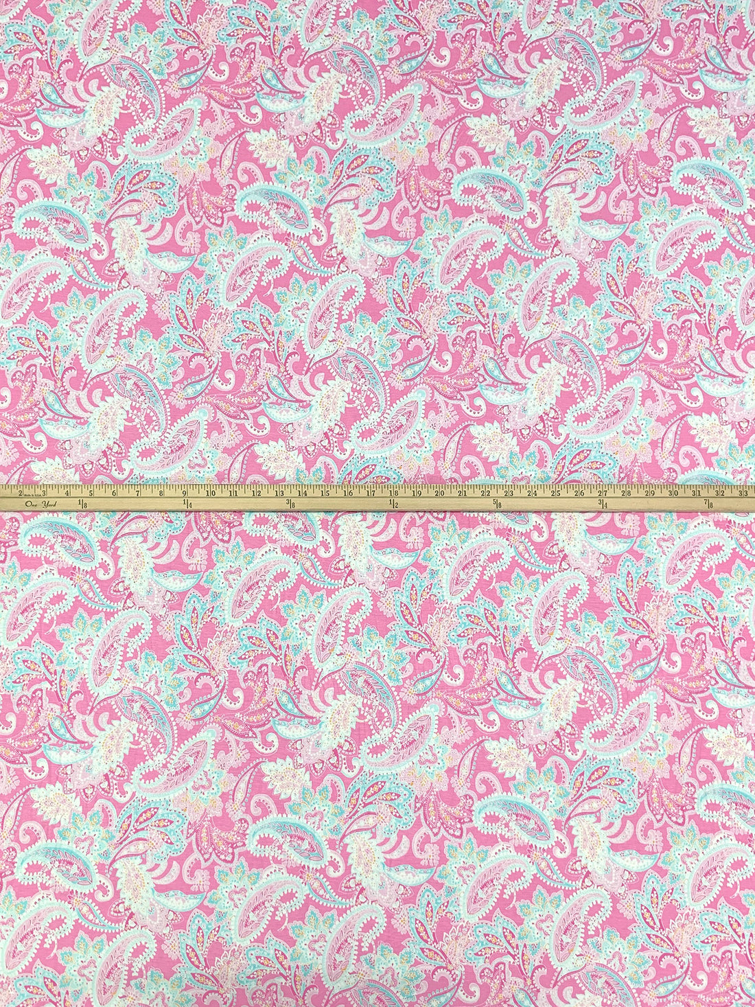 Charm Pink/White/Sky Blue/Multi Rayon/Lycra Stylized Paisley Print Jersey Knit - NY Designer - 62W