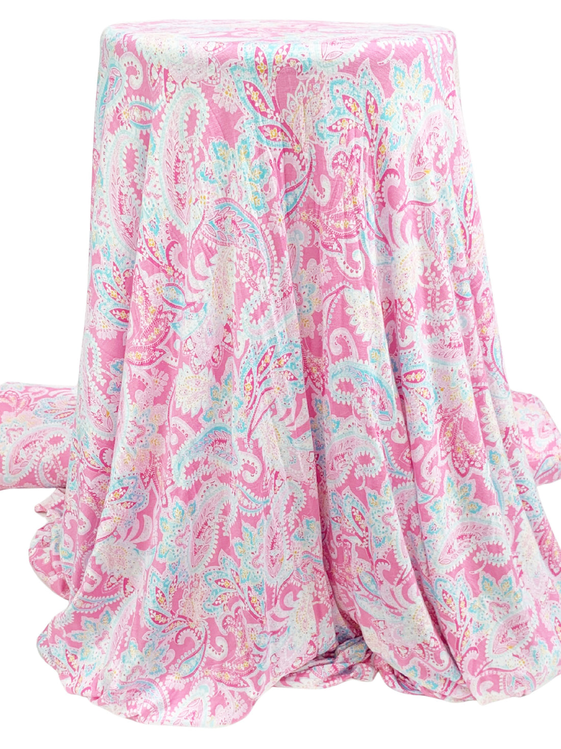 Charm Pink/White/Sky Blue/Multi Rayon/Lycra Stylized Paisley Print Jersey Knit - NY Designer - 62W