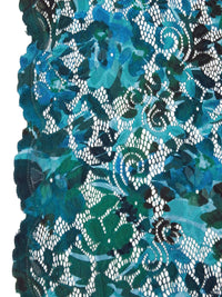 Aqua/Teal/Dark Green/Multi Nylon/Lycra Double Scalloped Border Abstract Print On Floral Weave Stretch Lace - NY Designer - 55W