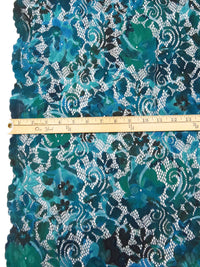 Aqua/Teal/Dark Green/Multi Nylon/Lycra Double Scalloped Border Abstract Print On Floral Weave Stretch Lace - NY Designer - 55W