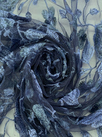 French Sky Blue/Navy/Slate 100% Nylon Embroidered Floral Netting - NY Designer - 58W