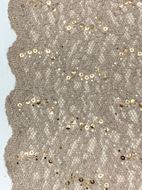 Stone Taupe/Gold/Silver 100% Polyester Double Scalloped Border Corded Floral Design Lace With Sequins & Glitter 54W