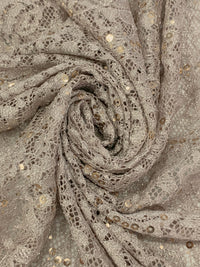 Stone Taupe/Gold/Silver 100% Polyester Double Scalloped Border Corded Floral Design Lace With Sequins & Glitter 54W