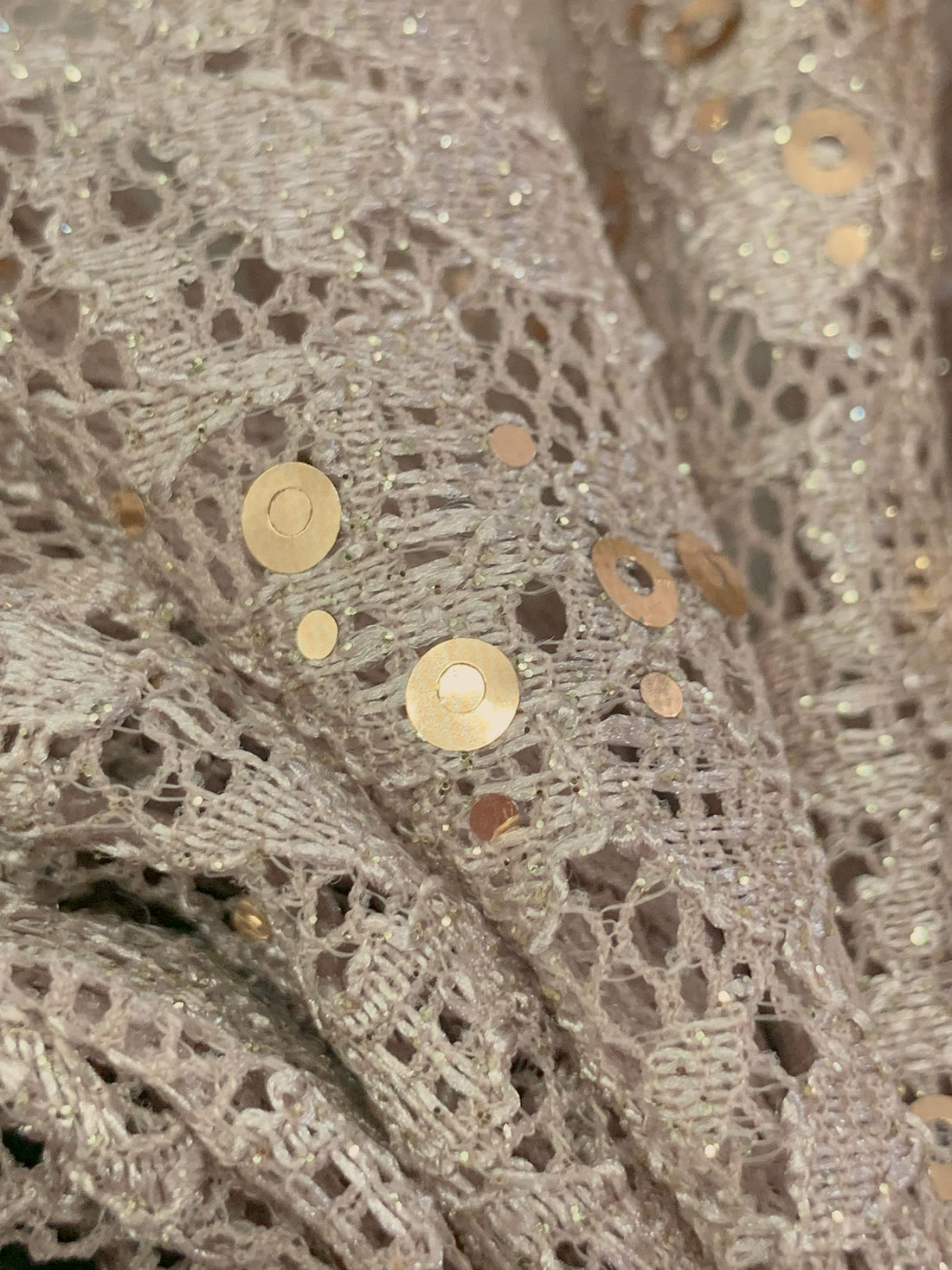 Stone Taupe/Gold/Silver 100% Polyester Double Scalloped Border Corded Floral Design Lace With Sequins & Glitter 54W