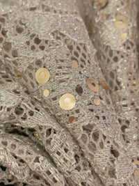 Stone Taupe/Gold/Silver 100% Polyester Double Scalloped Border Corded Floral Design Lace With Sequins & Glitter 54W