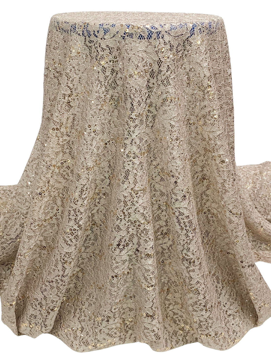 Stone Taupe/Gold/Silver 100% Polyester Double Scalloped Border Corded Floral Design Lace With Sequins & Glitter 54W