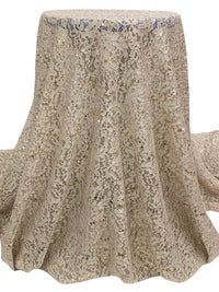 Stone Taupe/Gold/Silver 100% Polyester Double Scalloped Border Corded Floral Design Lace With Sequins & Glitter 54W