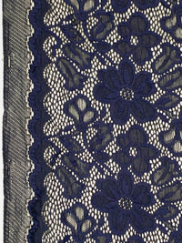 Dark Navy/Prussian Blue Nylon/Lycra Double Scalloped Border Re-Embroidered Floral Design Stretch Lace With Sequins - NY Designer - 56W