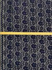 Dark Navy/Prussian Blue Nylon/Lycra Double Scalloped Border Re-Embroidered Floral Design Stretch Lace With Sequins - NY Designer - 56W