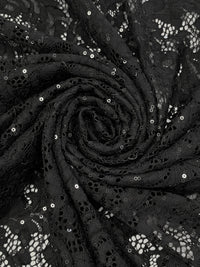 Black Nylon/Lycra Double Scalloped Border Floral Design Stretch Lace With Sequins - NY Designer - 56W